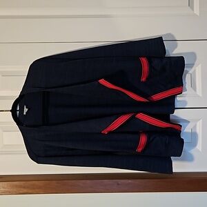 Talbots LP open cardigan sweater blue with red trim